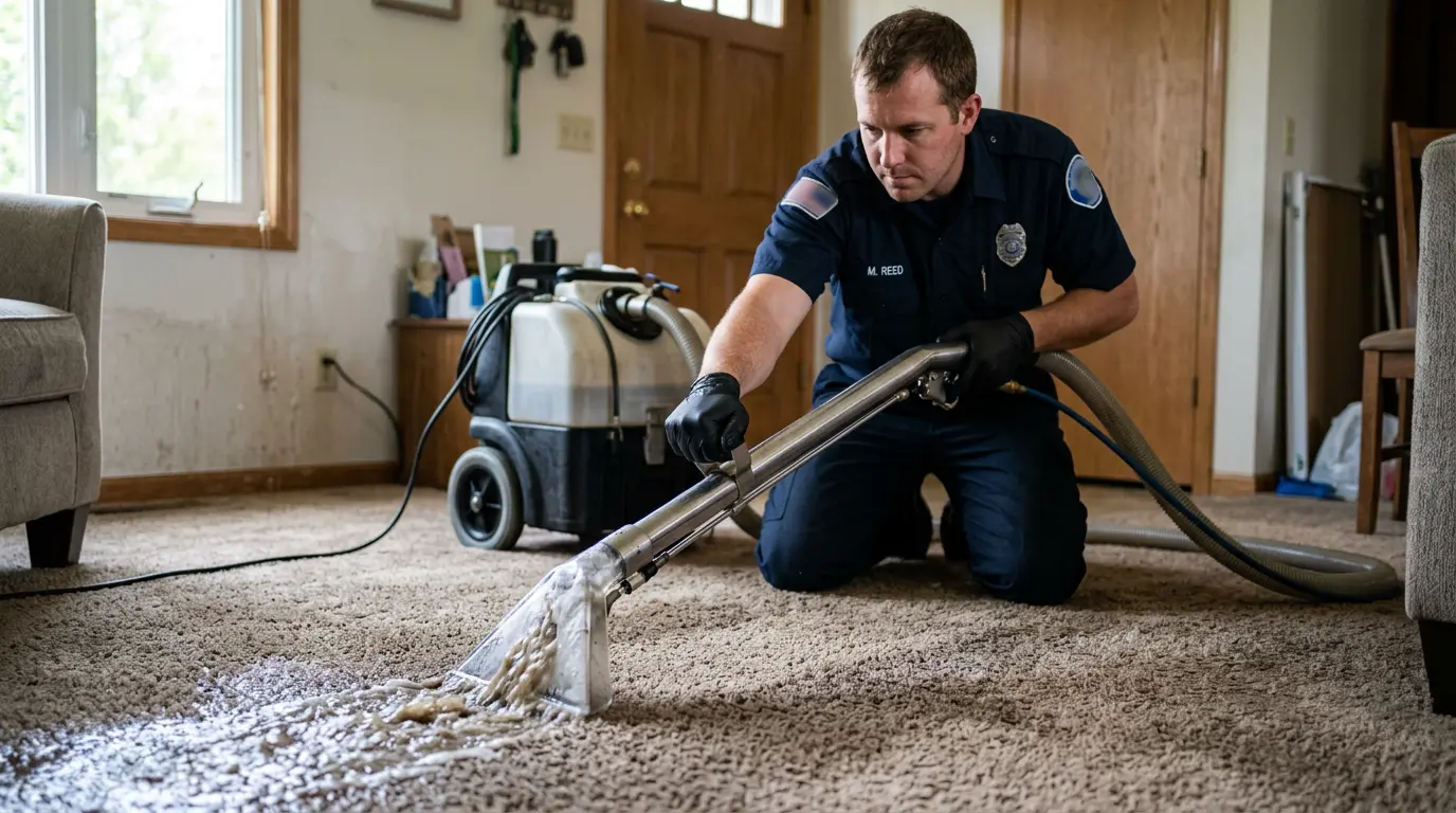 Gold Tech Restoration technician extracting water from a flooded home in Farmingville